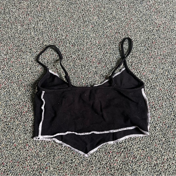 Black & White Contrast Stitching Ribbed Cropped Corset Tank Top Stretch Shirt - Picture 4 of 8